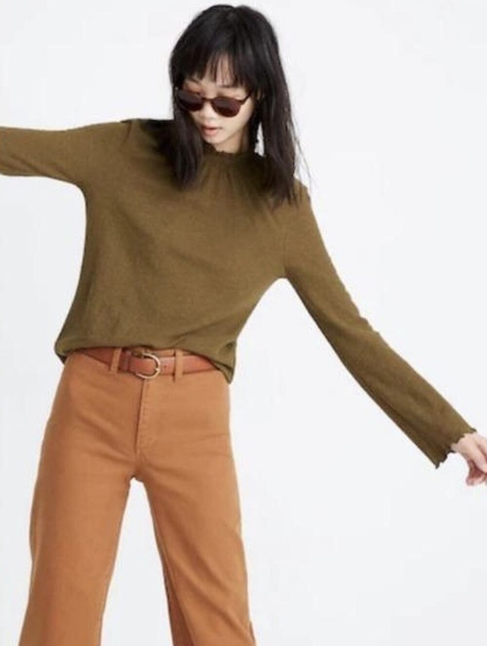 Madewell Texture & Thread Ruffle Mock Neck Shirt Olive Green Crinkle Blouse Sz L